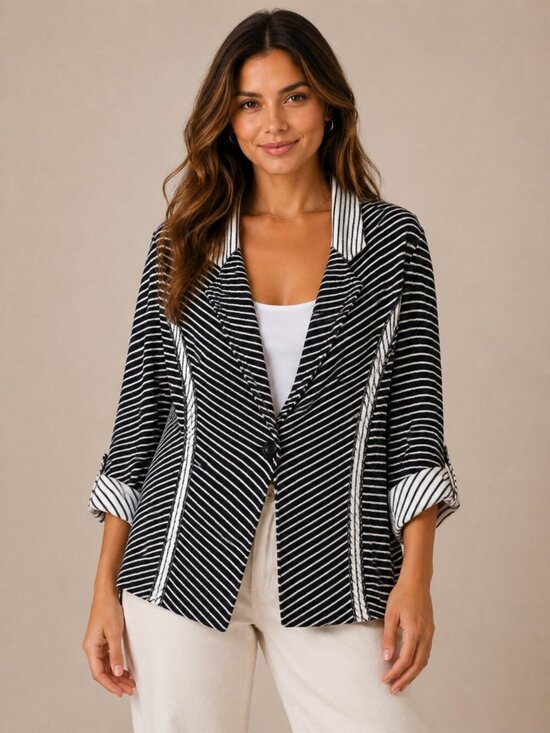 Chico's Jackets & Blazers - Chico’s Black White Stripe Knit Blazer Jacket Minimalist Quiet Luxury